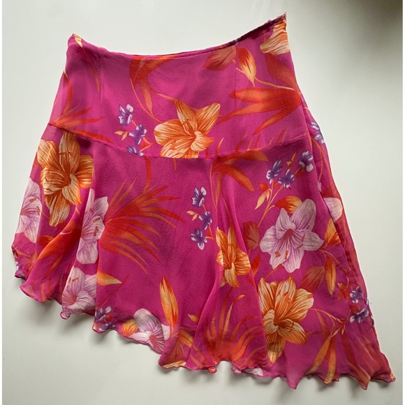 Cache Dresses & Skirts - Cache Silk Floral Asymmetrical Mini Skirt Pink Orange Tropical Y2K Lined Size 6